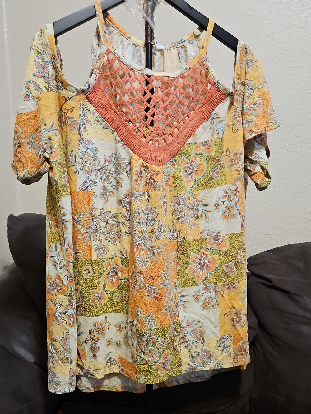 Cato Yellow Patchwork Floral Cold-Shoulder Tunic with Coral Crochet Yoke